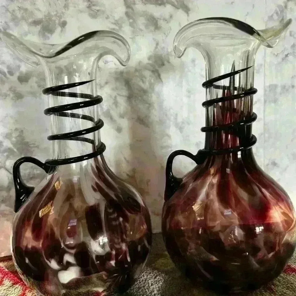 2 Purple Art Glass Pitcher Vases swirls 9” tall